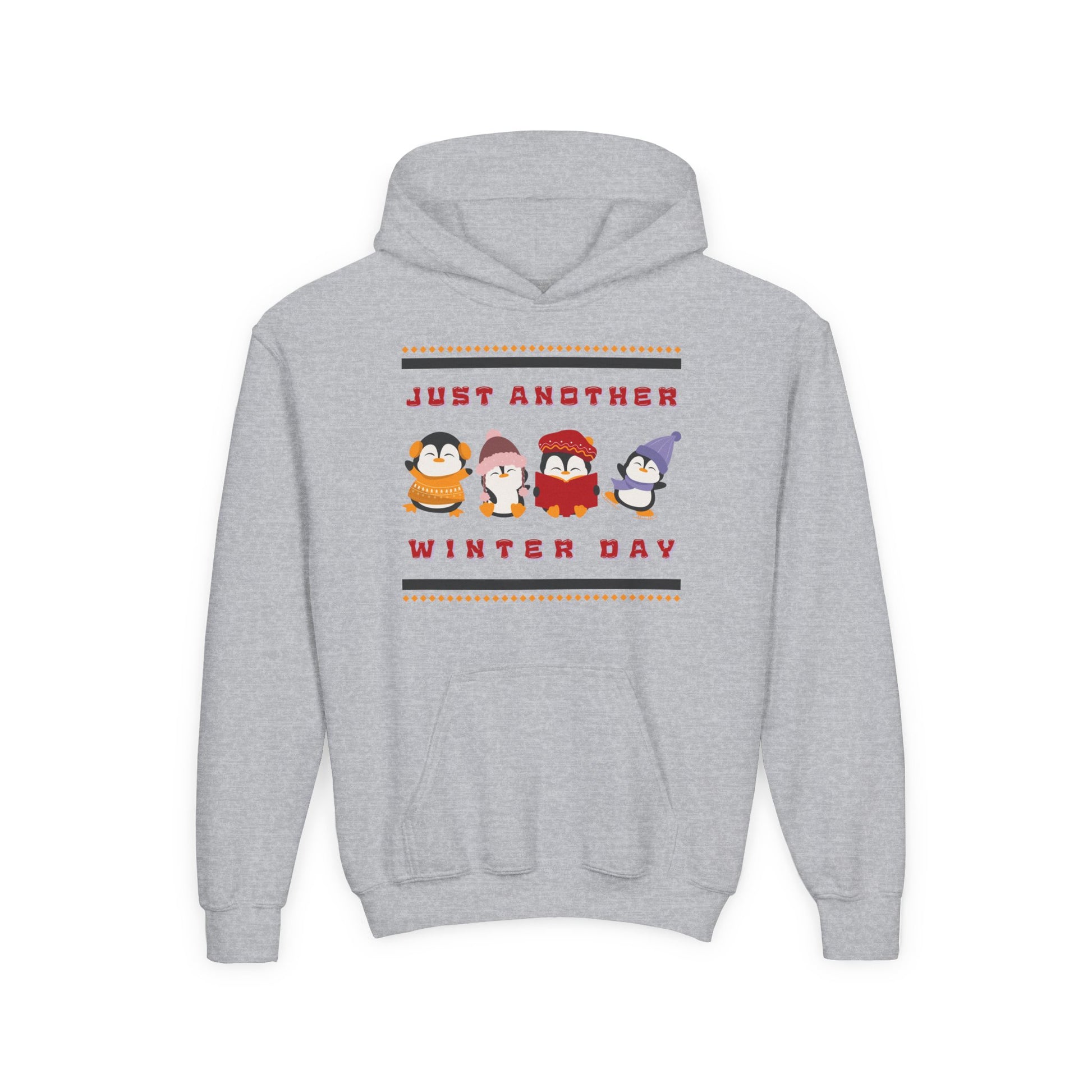 Gray hoodie with penguins lined up and text 'Just Another Winter Day' on a white background