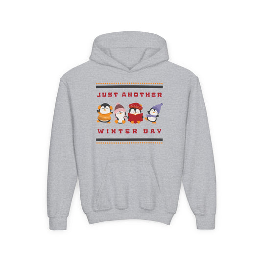 Gray hoodie with penguins lined up and text 'Just Another Winter Day' on a white background
