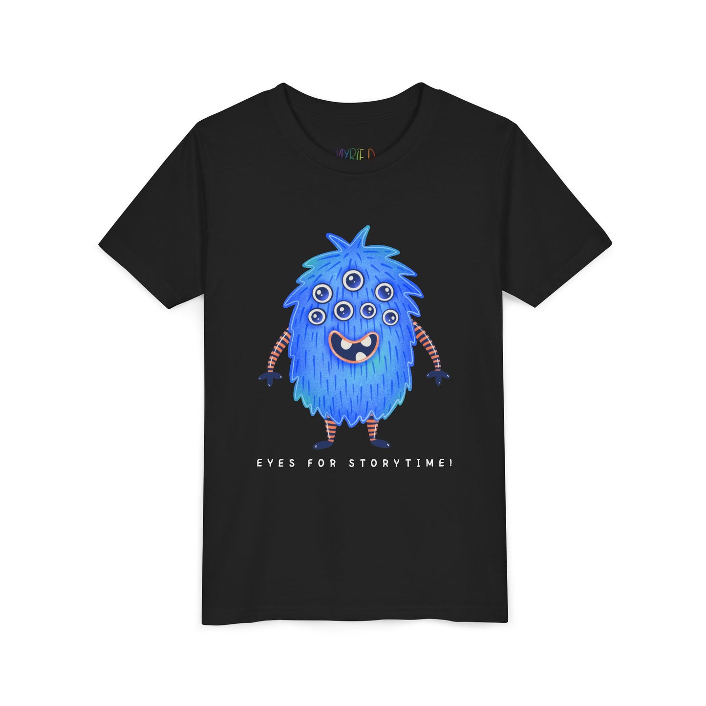 Black t-shirt with a multi-eyed blue monster graphic and text 'Eyes For Storytime'