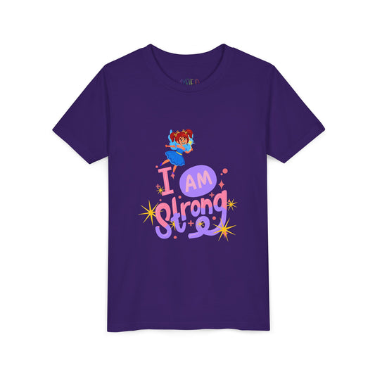 Purple t-shirt with a colorful fairy graphic and text 'I AM STRONG'