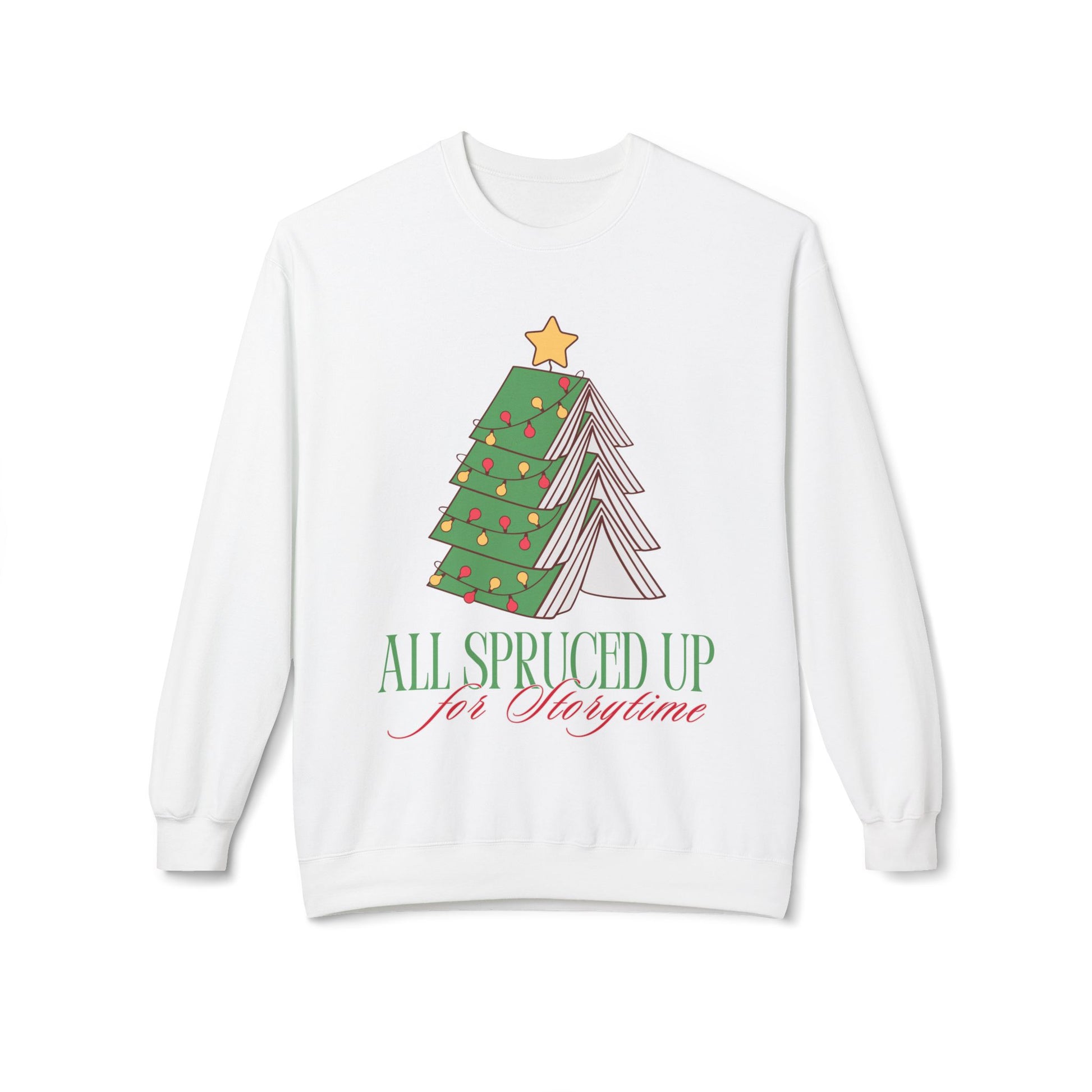 White sweatshirt with a Christmas tree design made out of books and text 'All Spruced Up for Storytime' on white text
