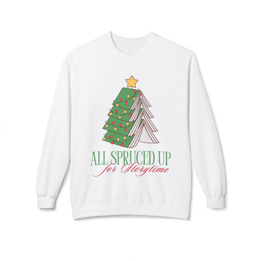 White sweatshirt with a Christmas tree design made out of books and text 'All Spruced Up for Storytime' on white text