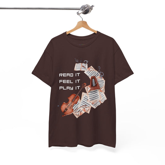 Brown t-shirt with musical sheets, metronome, violin and text 'Read It. Feel It. Play It.' 