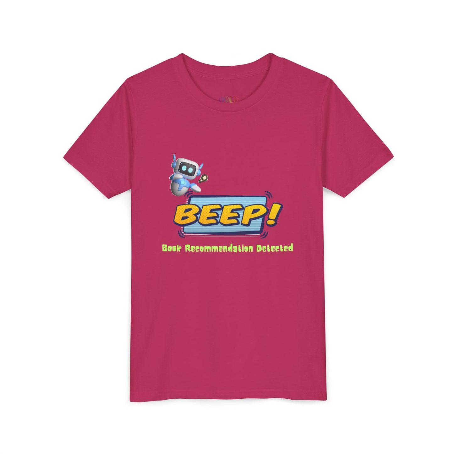Pink t-shirt with robot graphic and 'BEEP! Book Recommendation Detected' text 