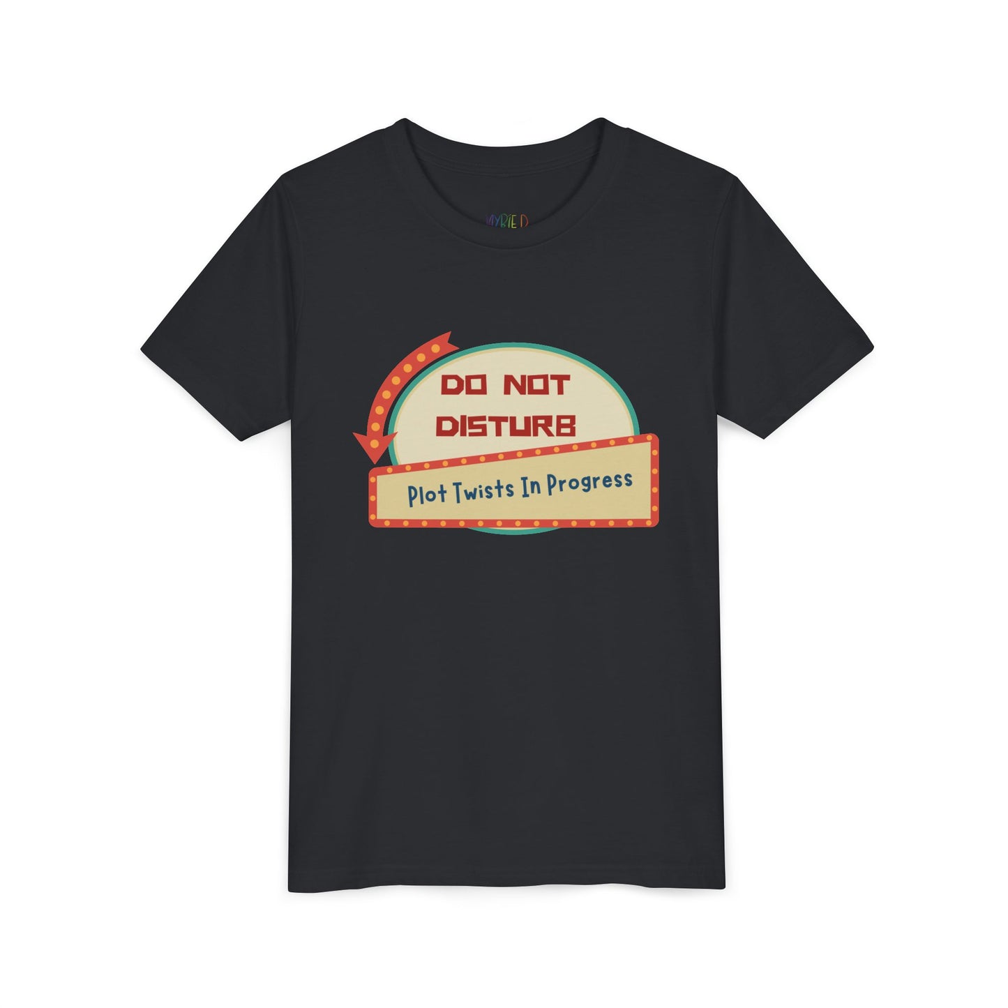 Black t-shirt with a do not disturb sign and text 'Plot Twists In Progress' 