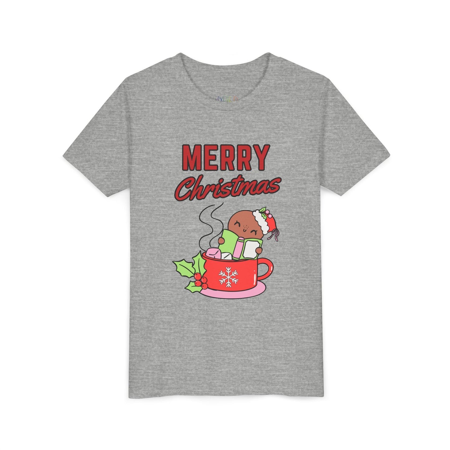 Youth Merry Christmas Cocoa Dip T-Shirt â€“ Gingerbread Reading Design Printify