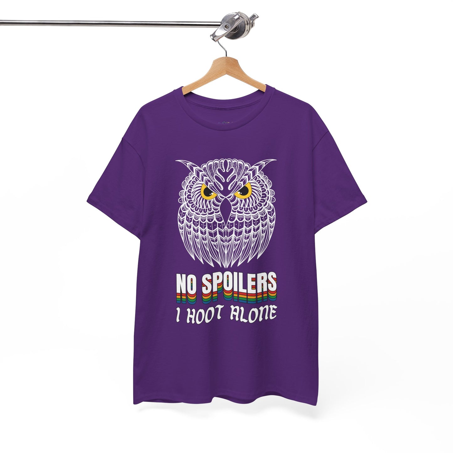 Purple t-shirt with a fierce yellow eyed owl and text 'NO SPOILERS, I HOOT ALONE' 