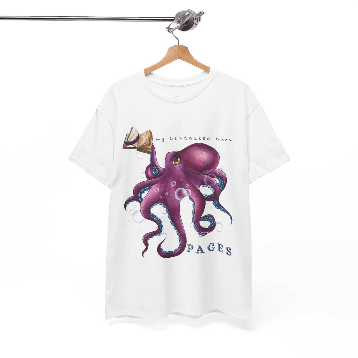 White t-shirt with a purple octopus design holding a book in one tentacle, bubbles and text 'My Tentacles Turn Pages' 