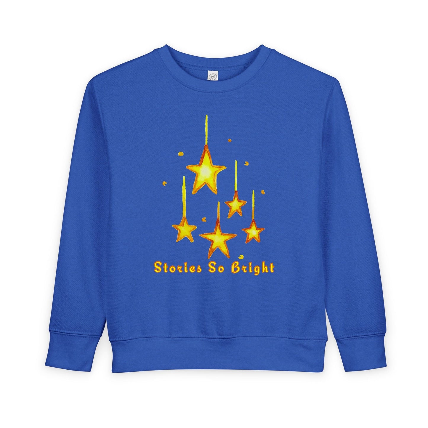 Blue toddler sweatshirt with yellow star design and 'Stories So Bright' text on a white background