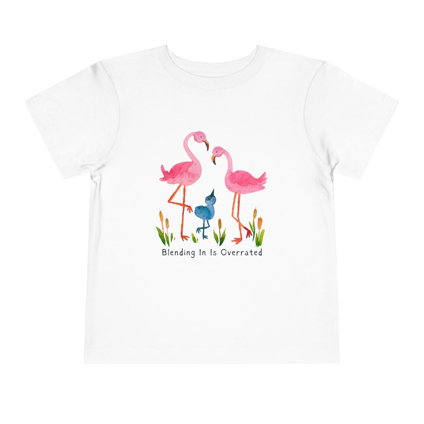 White toddler t-shirt with pink flamingo family and text 'Blending In Is Overrated'