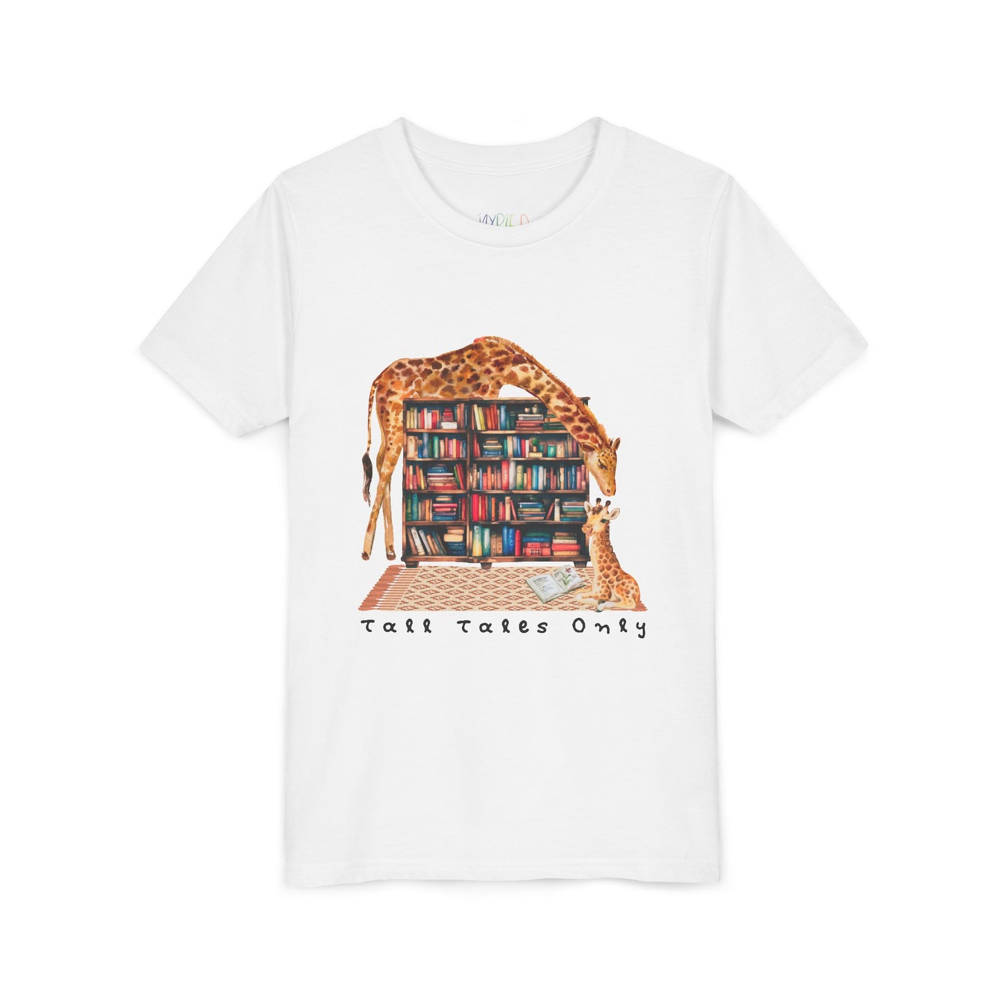 White t-shirt with a graphic of giraffes in a library and 'Talk Tales Only' text 