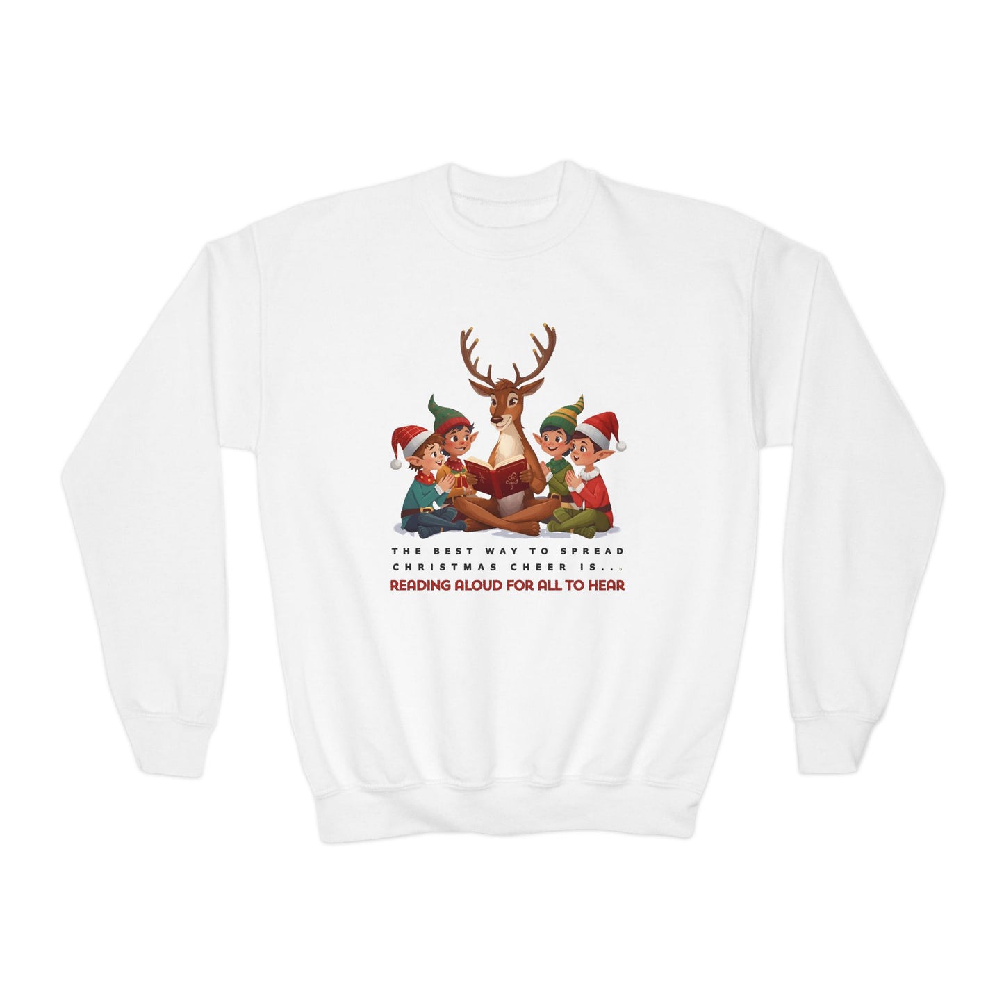 White sweatshirt with Christmas design featuring elves and a reindeer having a story circle, on a white background.