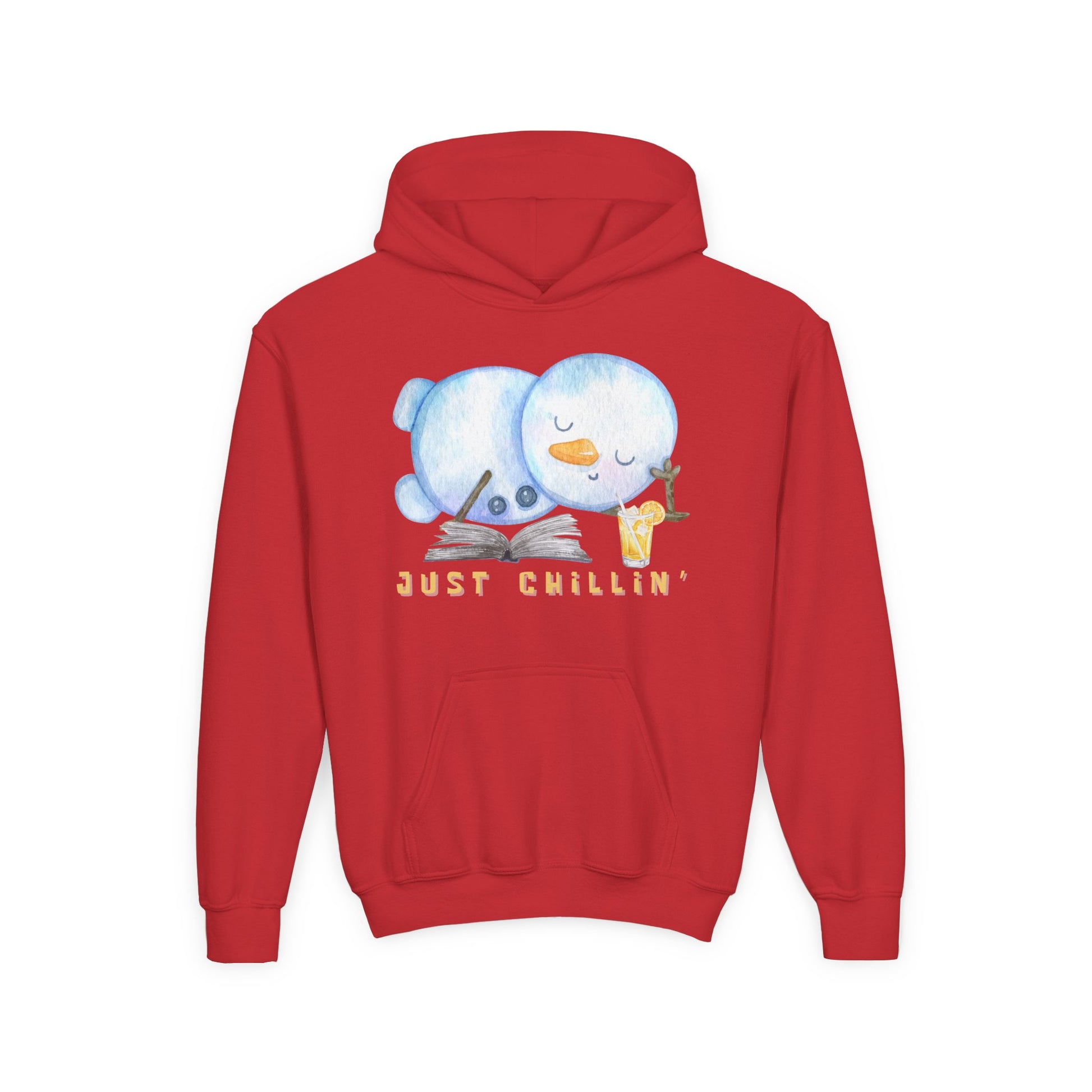 Red hoodie with a snowman design and 'Just Chillin' text on a white background