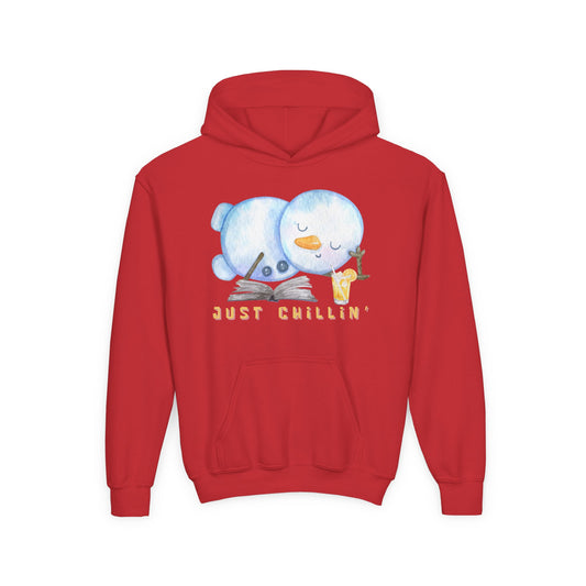 Red hoodie with a snowman design and 'Just Chillin' text on a white background