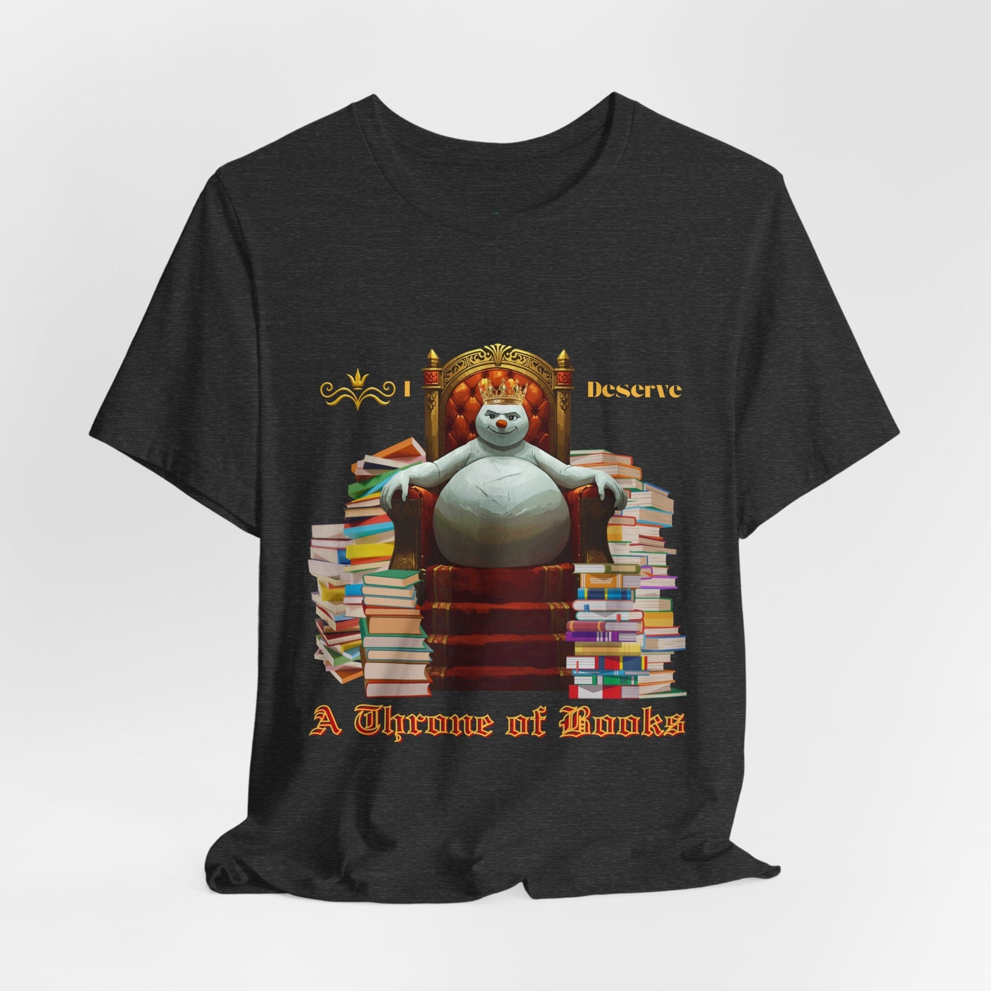 Teen/Adult Unisex A Throne of Books T-Shirt â€“ Snowman Holiday Reading Design Printify
