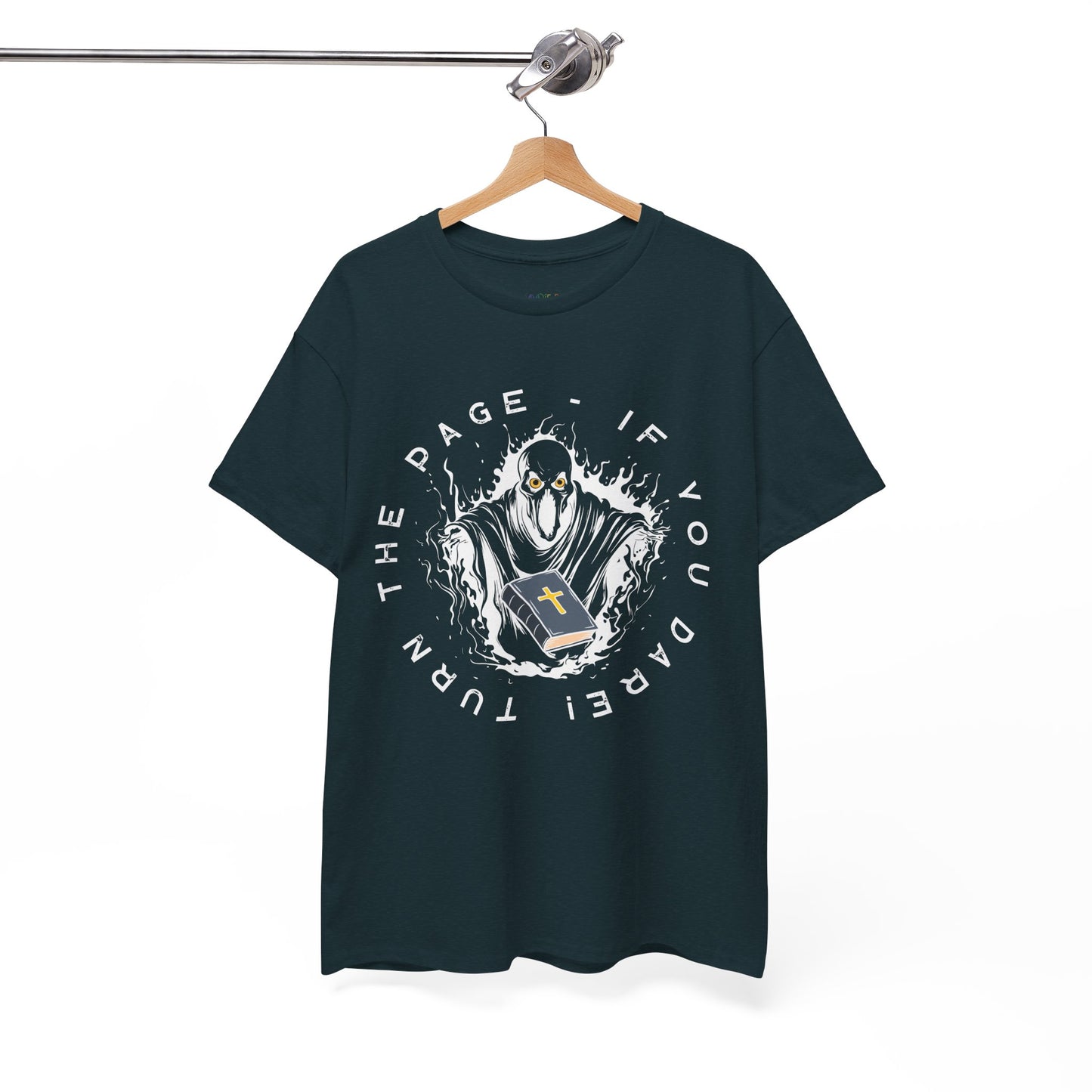 Midnight t-shirt with graphic design of a spirit with a religious book and text 'Turn The Page - If You Dare!' 