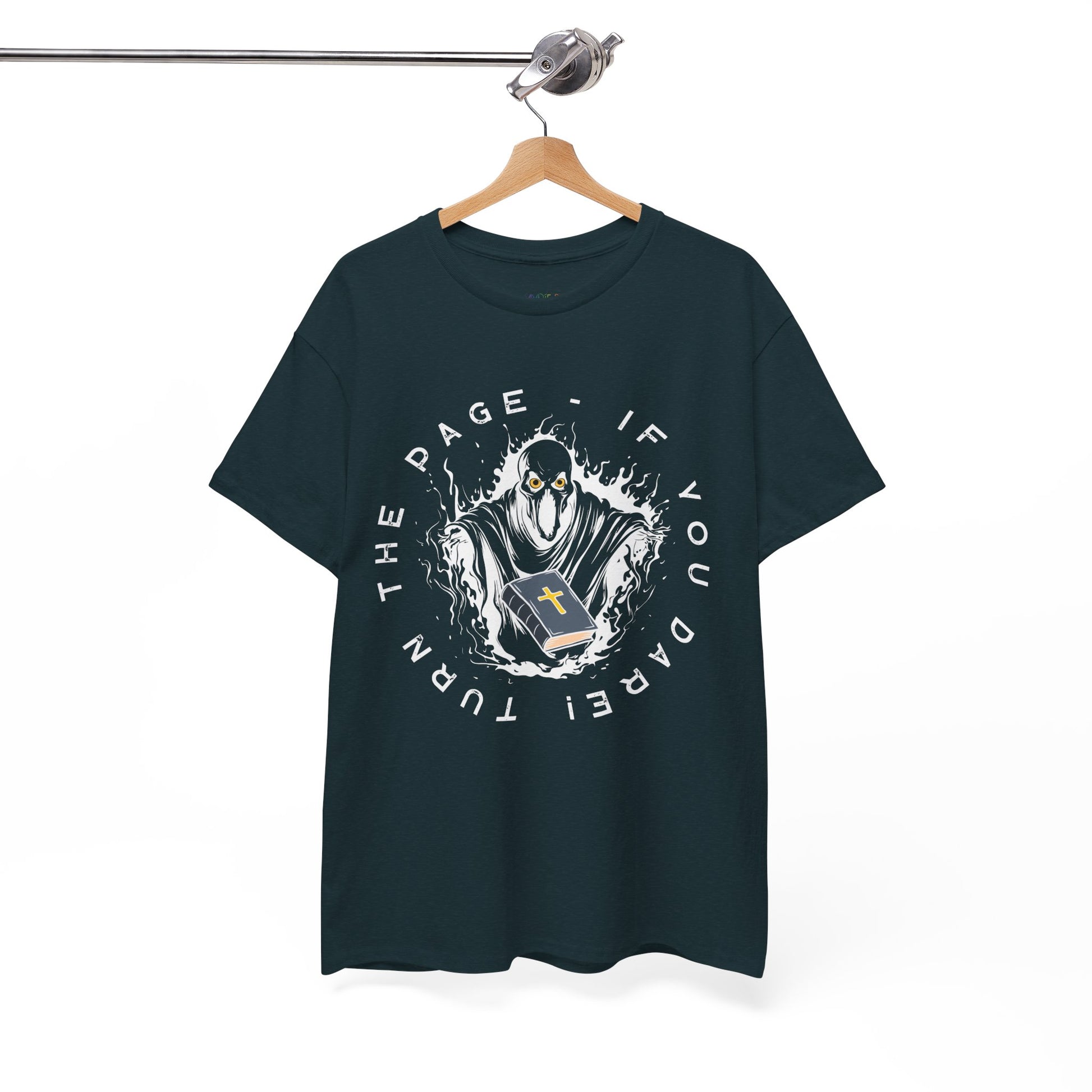 Midnight t-shirt with graphic design of a spirit with a religious book and text 'Turn The Page - If You Dare!' 