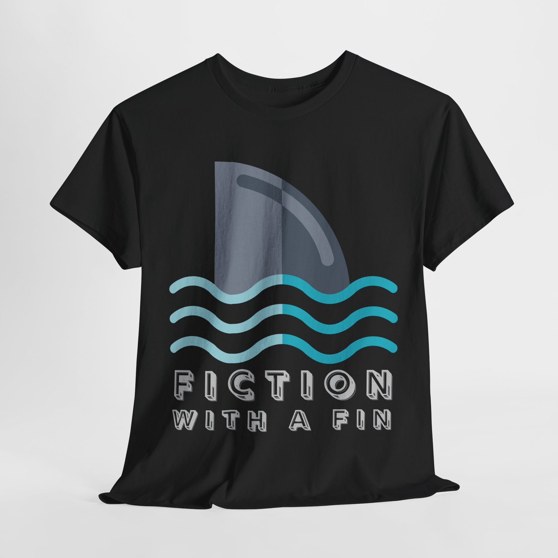 Black t-shirt with large gray shark fin graphic amongst blue waves and bold white text 'Fiction with a Fin' 