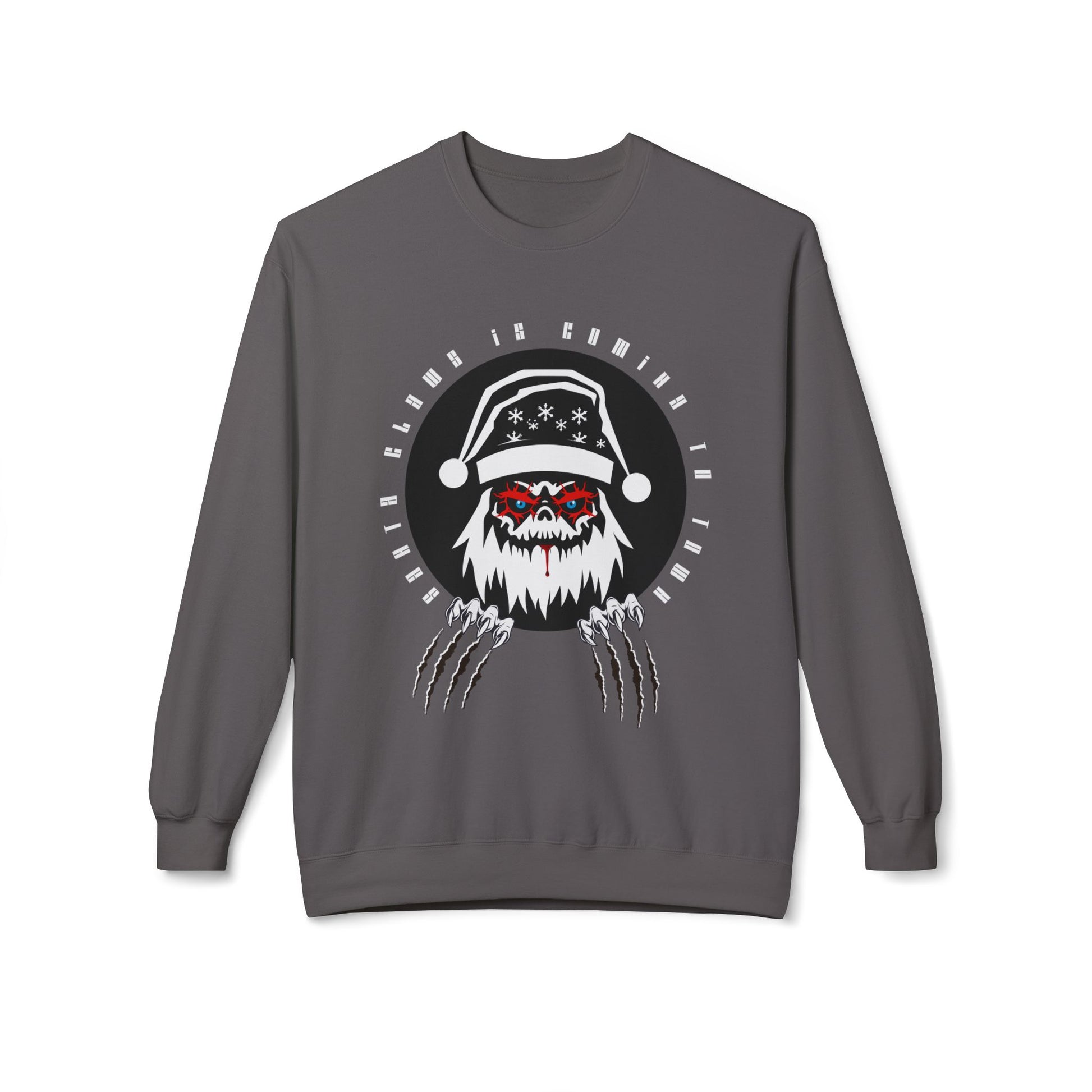 Gray sweatshirt with a graphic design of a creep Santa with claws and text 'santa claws is coming to town'