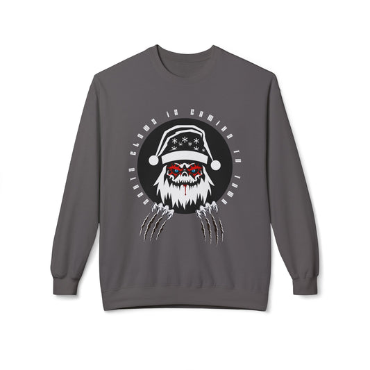 Gray sweatshirt with a graphic design of a creep Santa with claws and text 'santa claws is coming to town'
