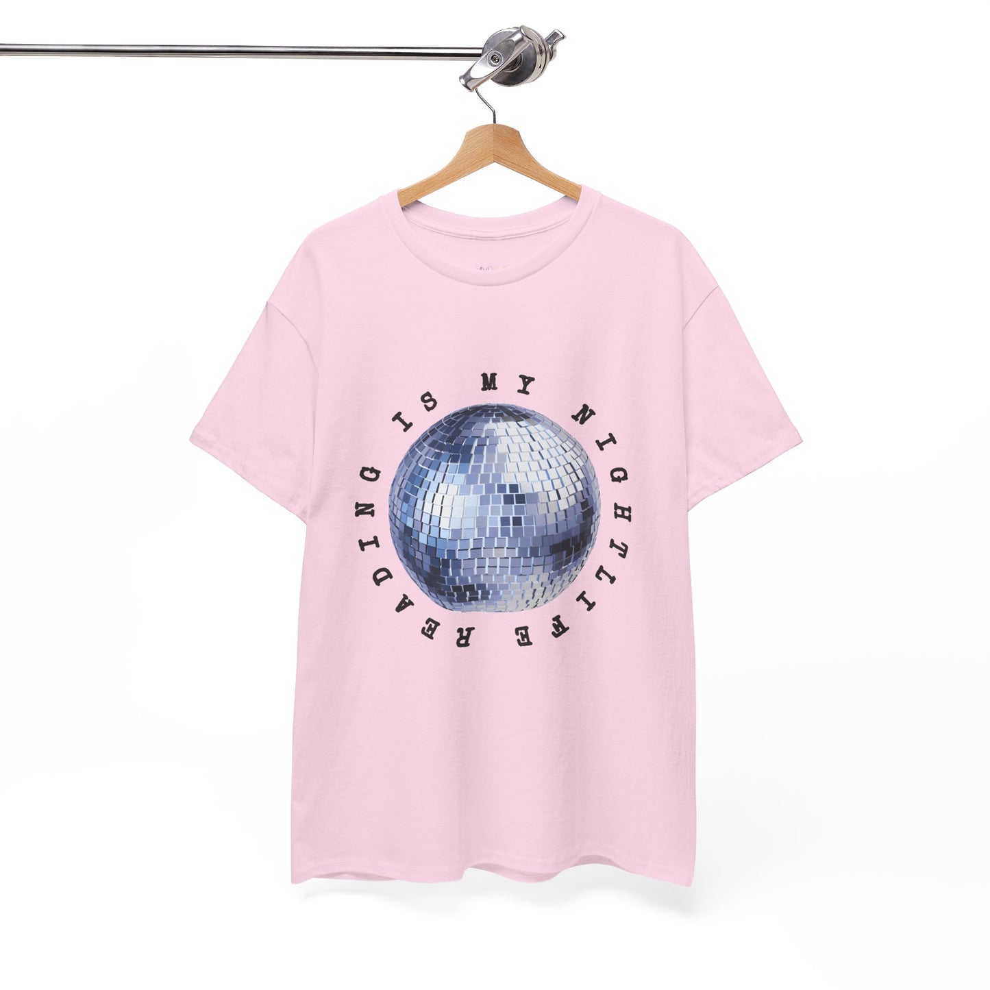 Pink t-shirt with a disco ball graphic and text 'Reading Is My Nightlife'