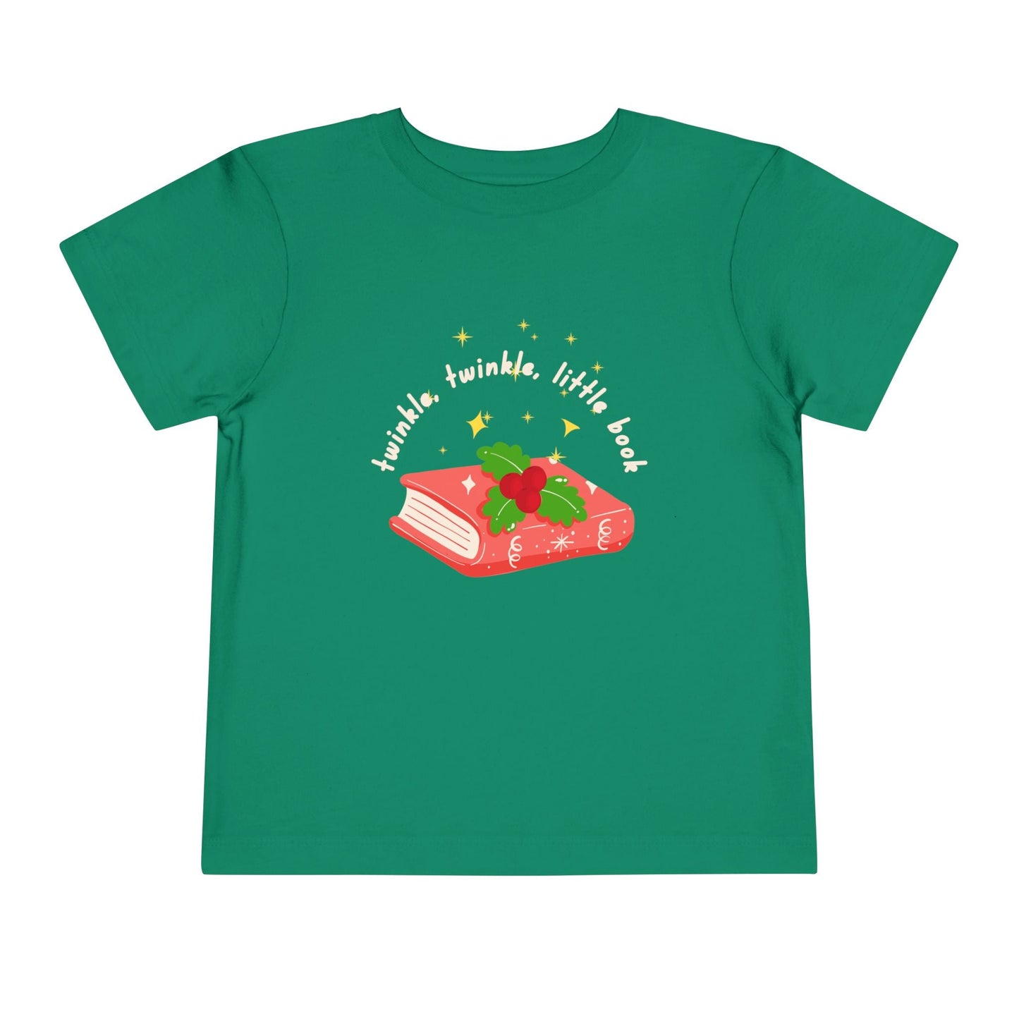 Green toddler t-shirt with a red book graphic, holly and text 'twinkle, twinkle, little book' a white background