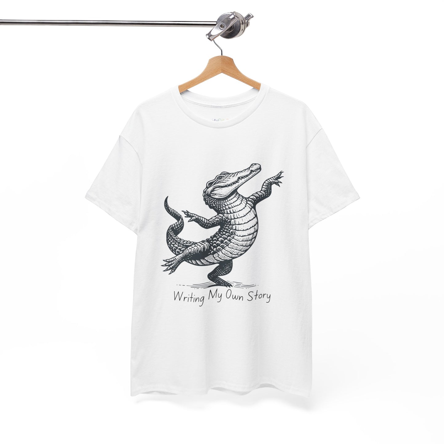 White t-shirt with dancing alligator graphic and text 'Writing My Own Story' 