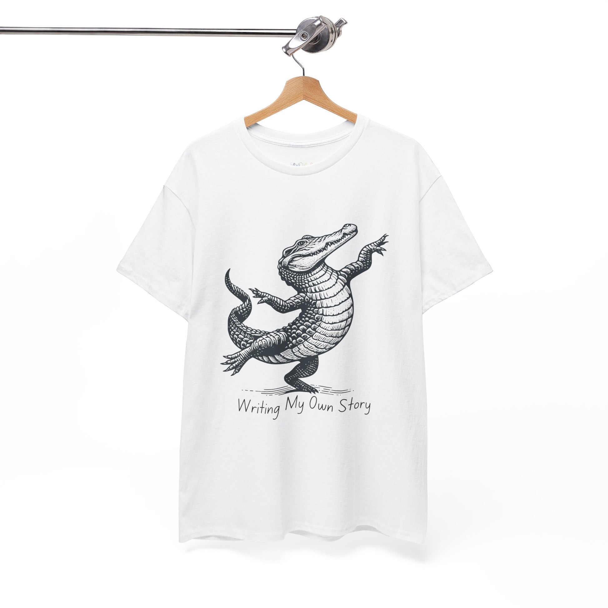 White t-shirt with dancing alligator graphic and text 'Writing My Own Story' 