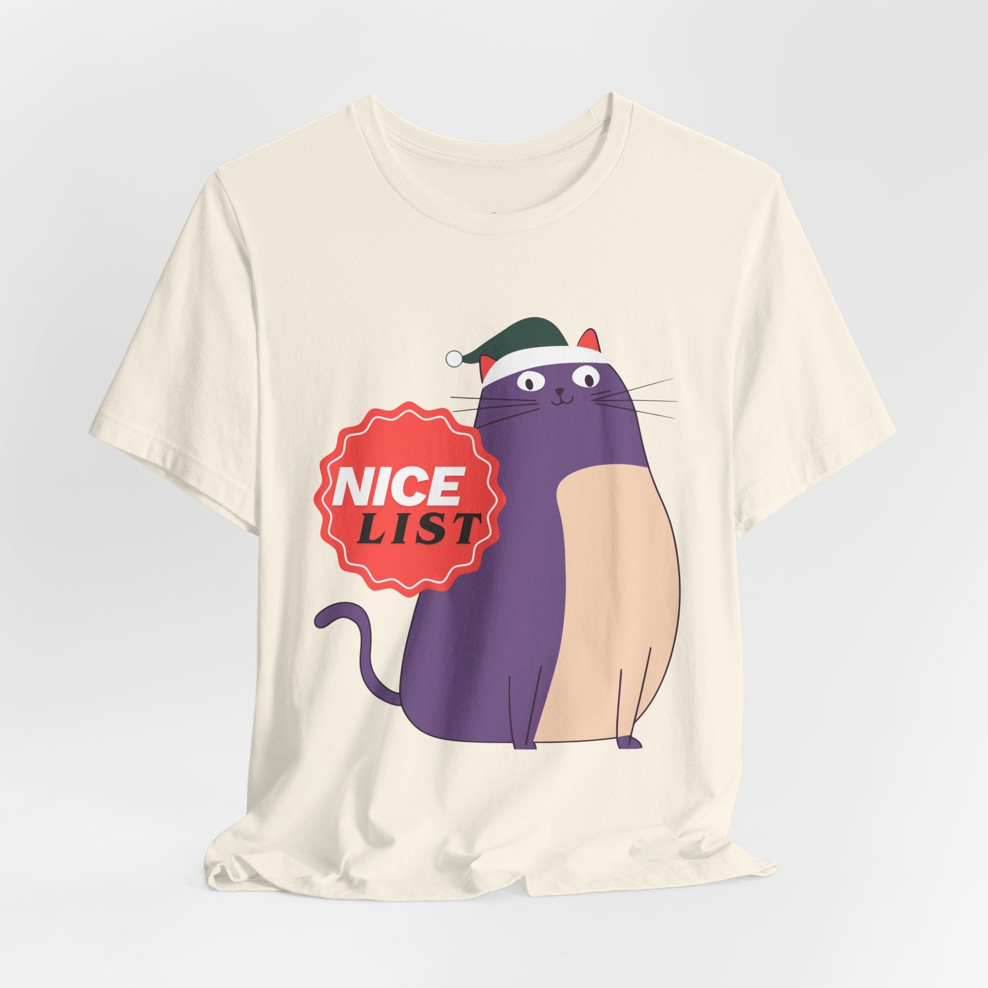 Teen/Adult Unisex Nice List T-Shirt â€“ Cute Purple Cat Christmas Design Printify