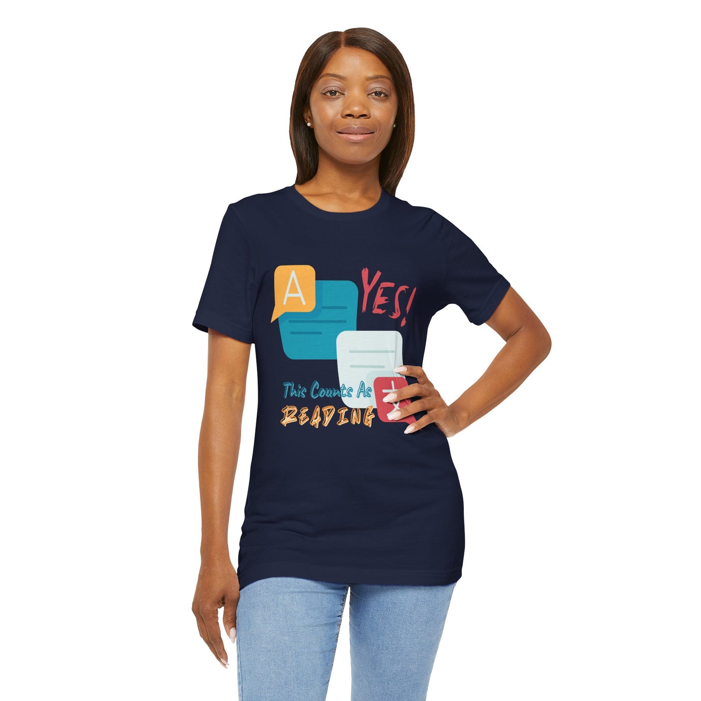 Woman wearing a navy blue t-shirt with colorful instant messaging boxes and text 'YES! This Counts As Reading'