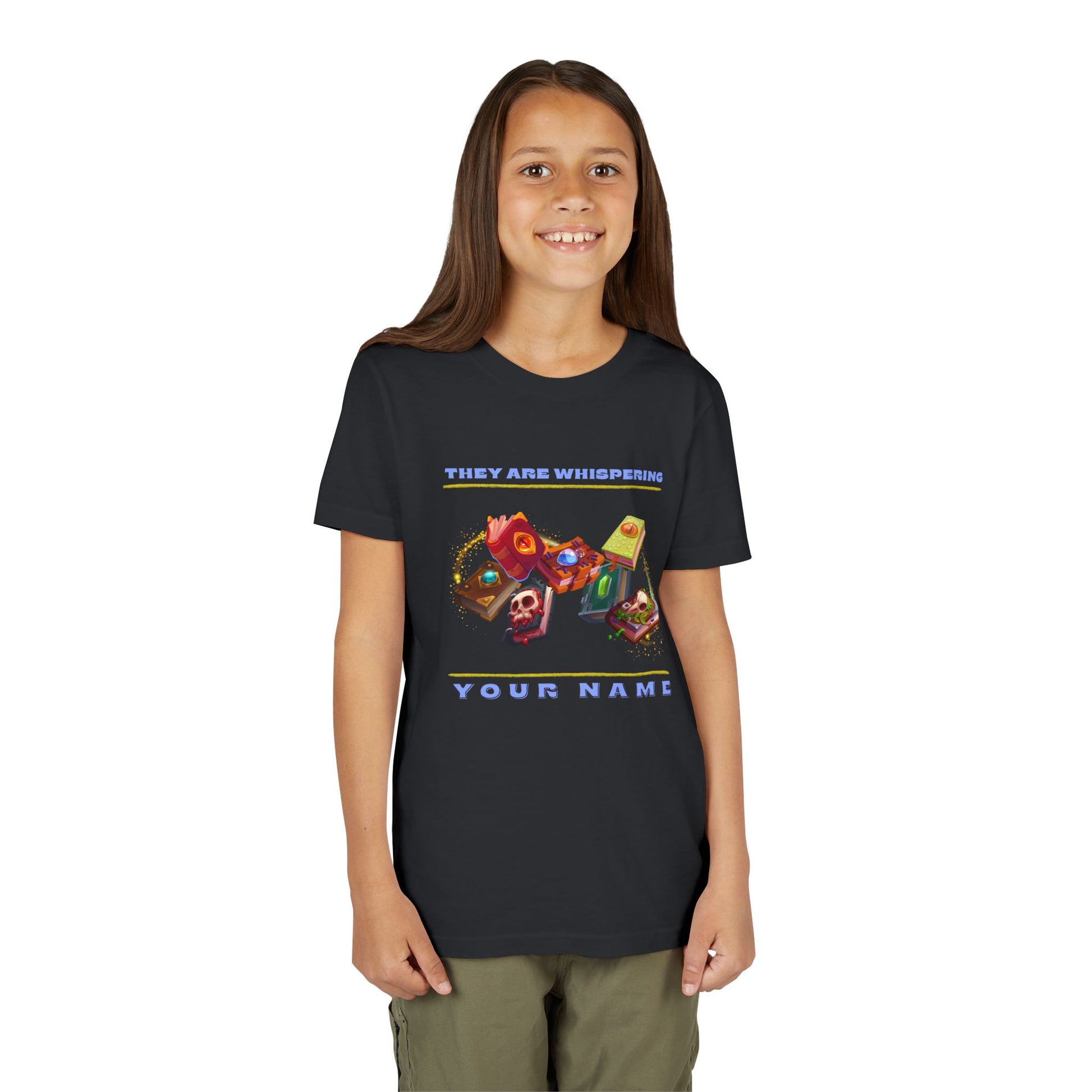 Girl wearing a black t-shirt with colorful swirling enchanted book and text 'They Are Whispering Your Name'
