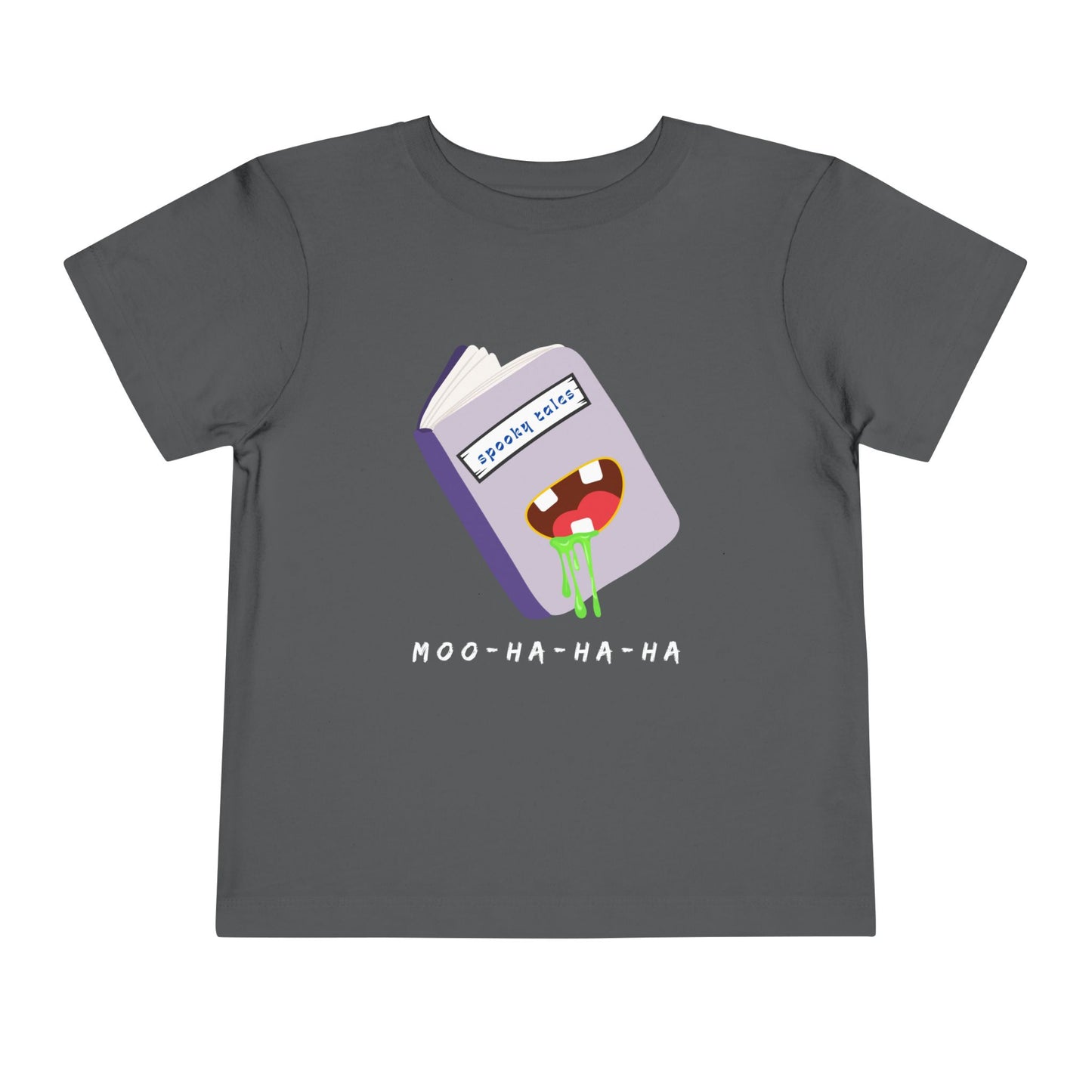Gray toddler 'Moo-Ha-Ha-Ha' spooky tales t-shirt on a white back ground