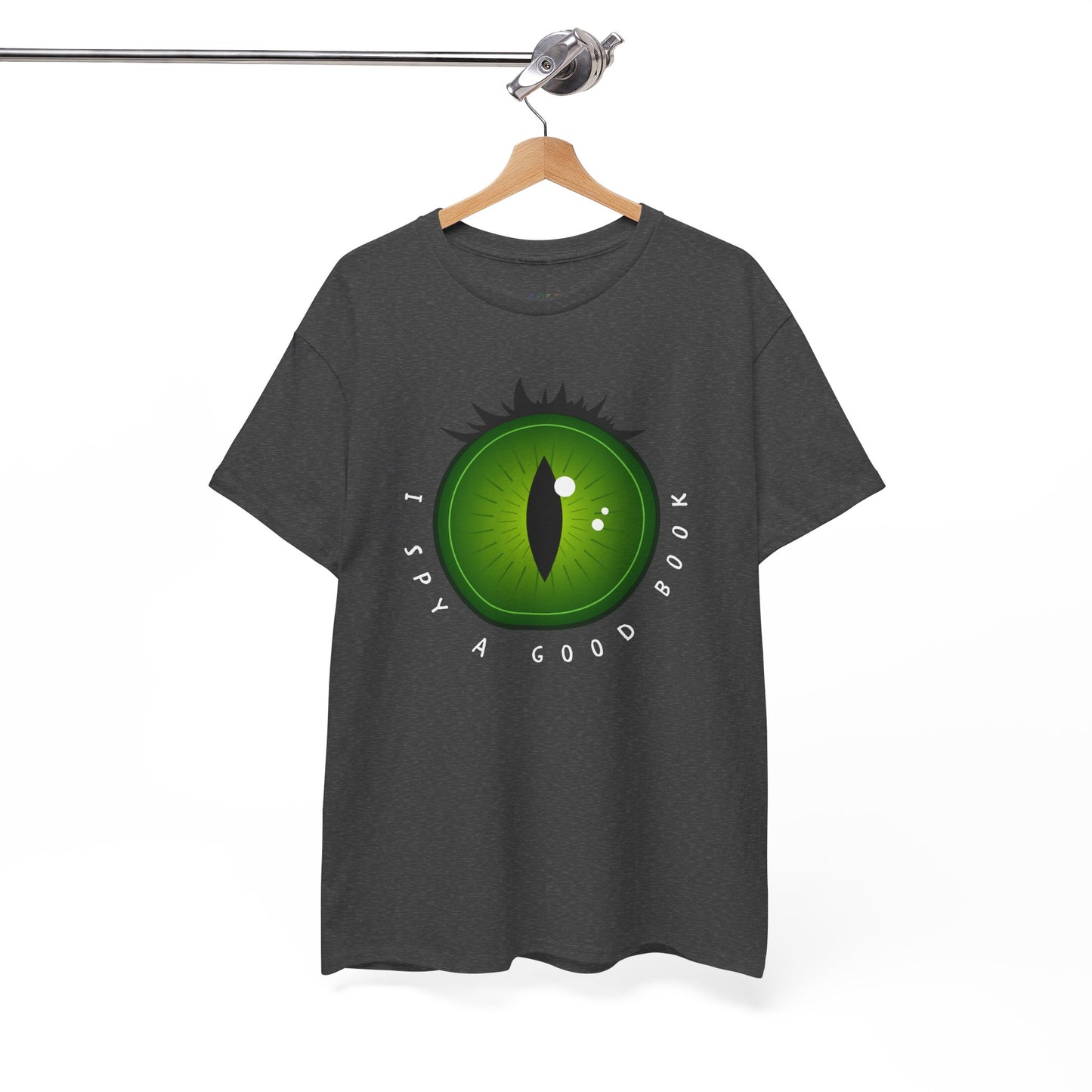 Gray t-shirt with a green eye design and text 'I Spy A Good Book' on a hanger against a white background