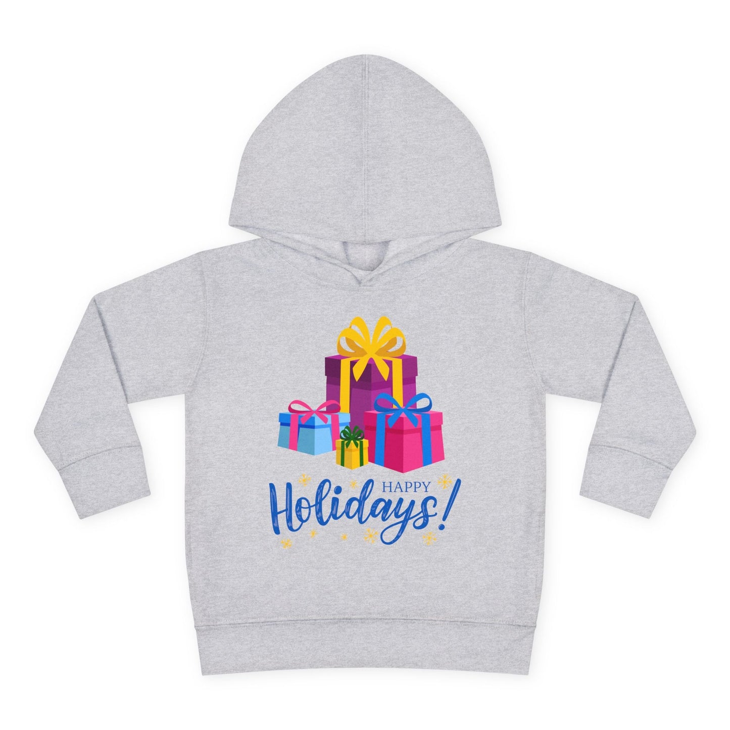 Gray toddler hoodie with colorful gift boxes and 'Happy Holidays!' text on a white background