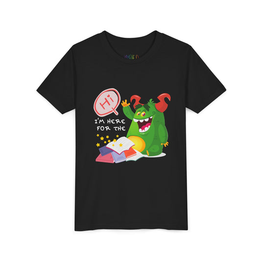 Black t-shirt with a chubby green monster waiving, with text 'Hi, I'm Here For The' above a messy stack of books