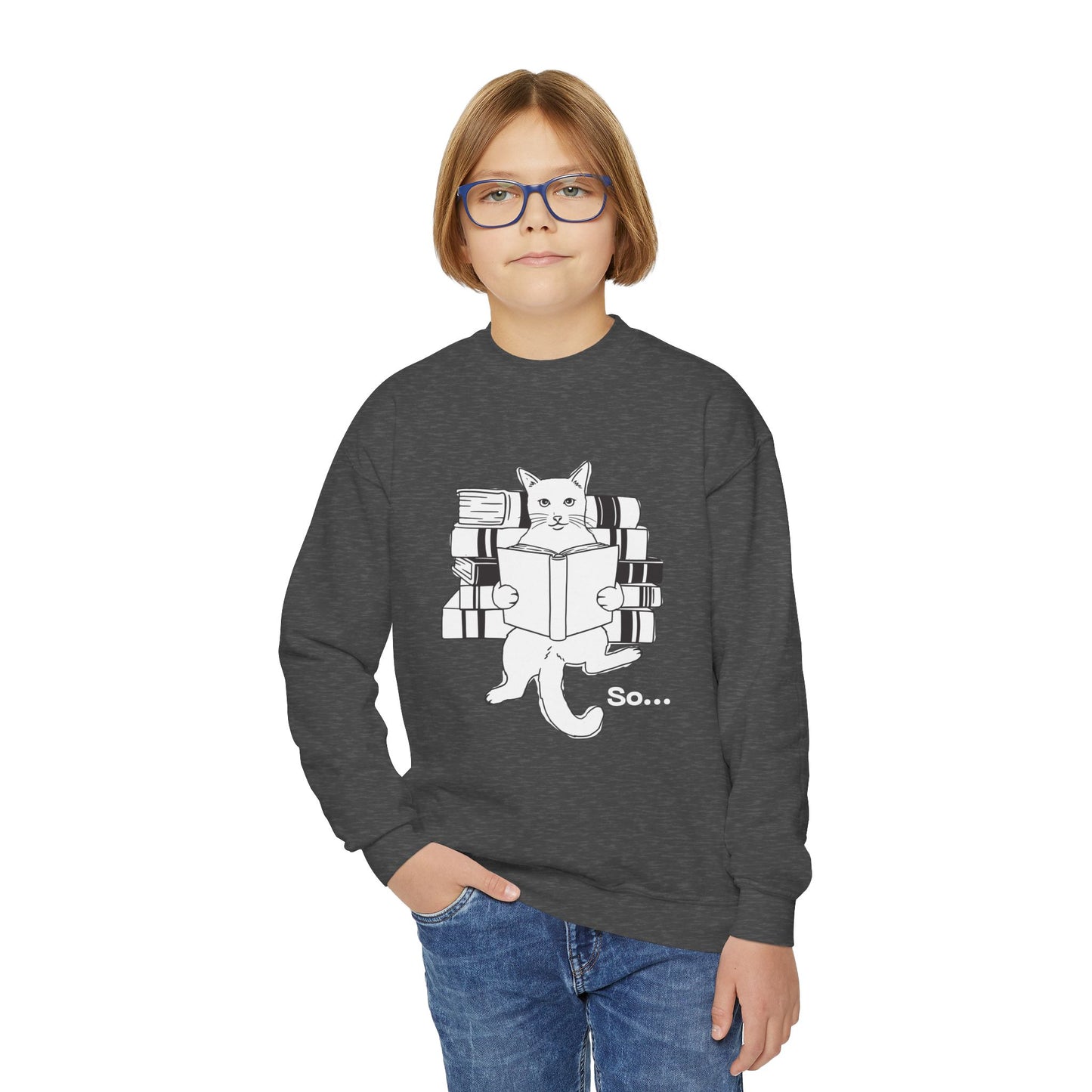 Boy wearing a dark gray sweatshirt with a graphic of a cat reading a book and a stack of books, with 'So...' text.