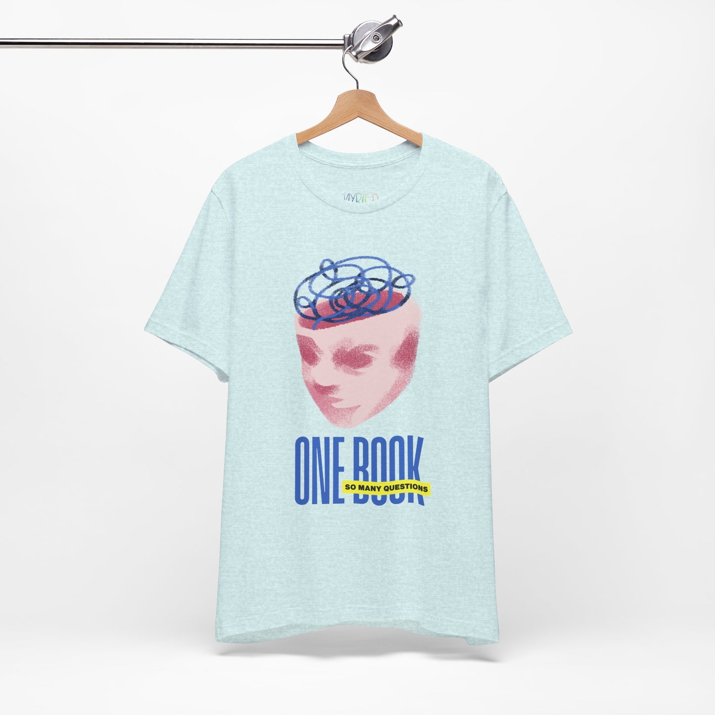 Light ice blue t-shirt with a pink face/head graphic, blue swirls coming out of the top and text 'One Book So Many Questions'