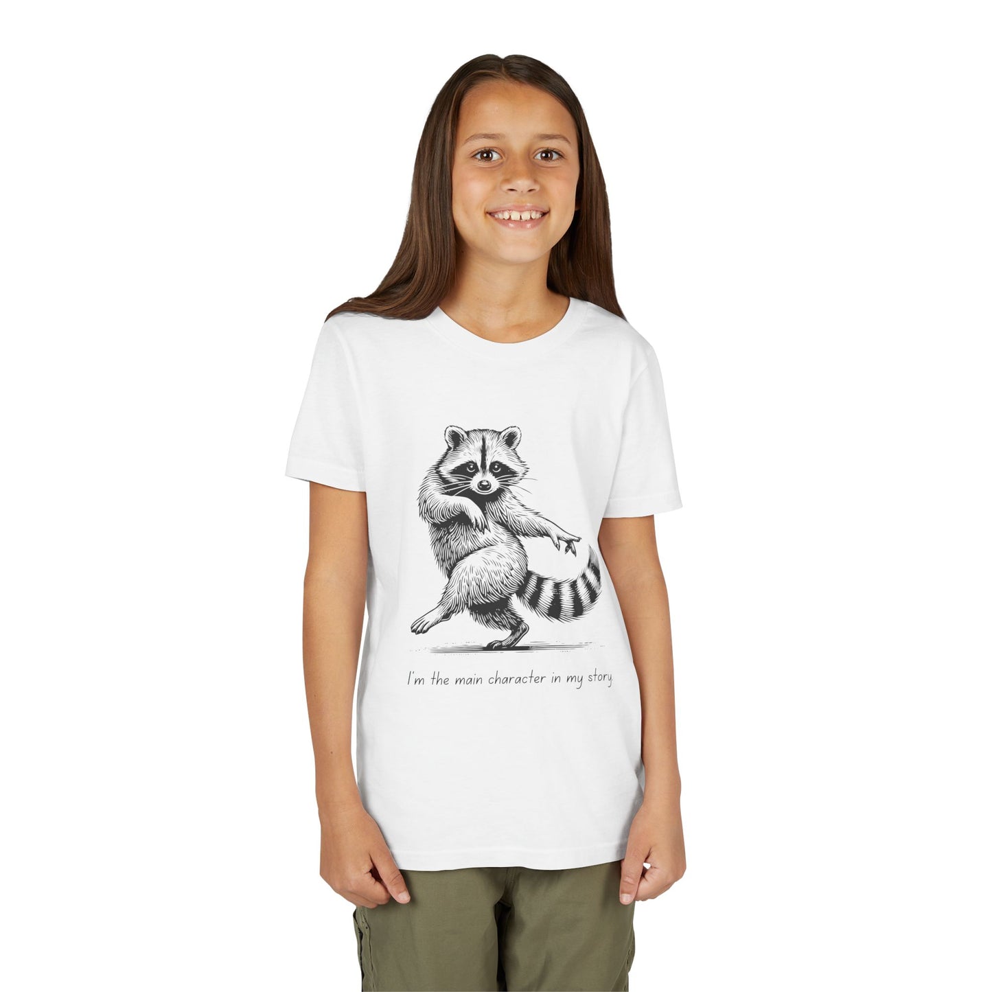 Girl wearing a white t-shirt with a dancing raccoon and text 'I'm the main character in my story'