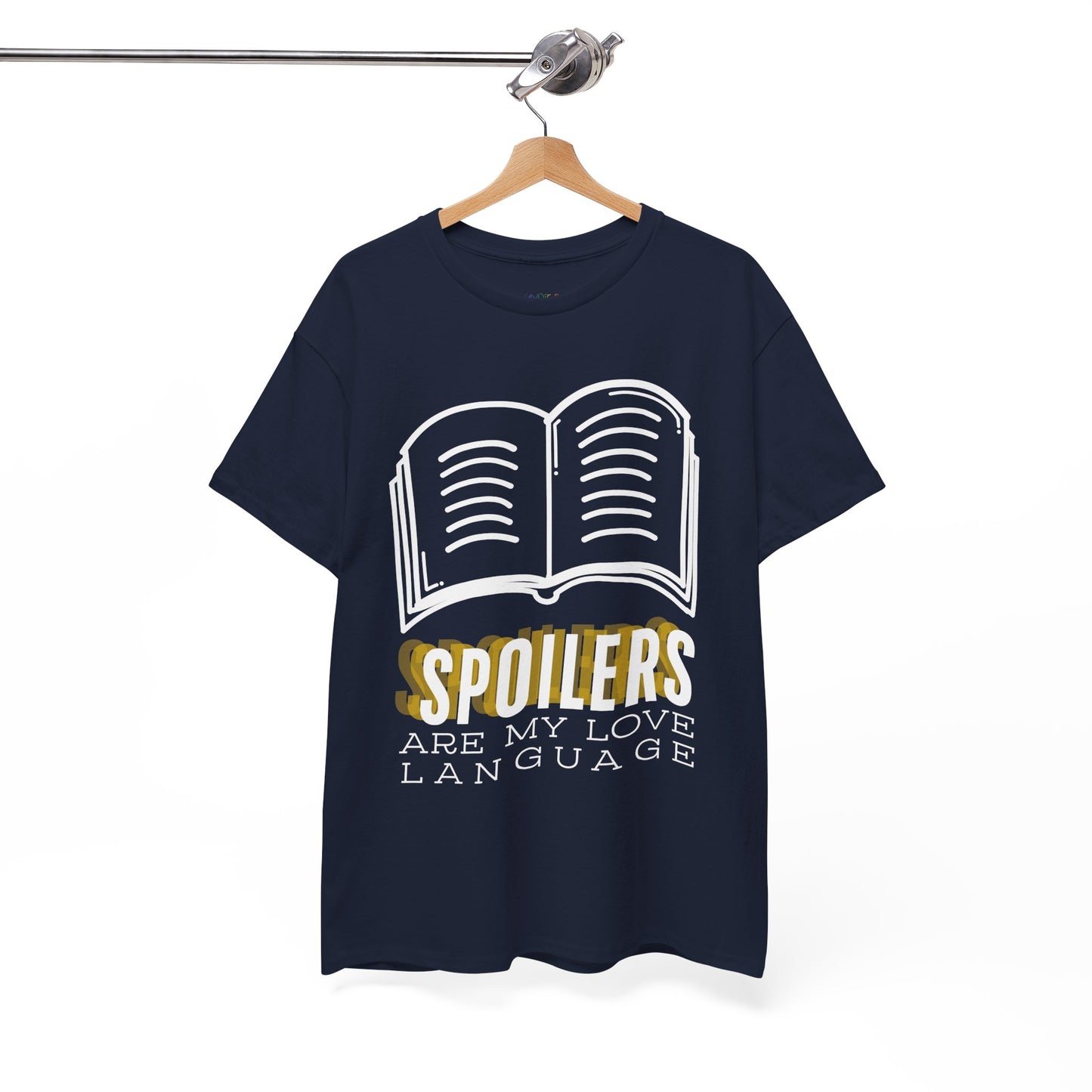 Navy blue t-shirt with a white book graphic and text 'SPOILERS are my love language'