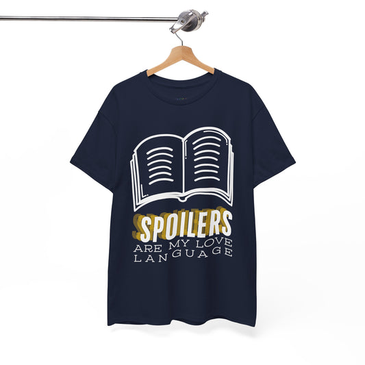 Navy blue t-shirt with a white book graphic and text 'SPOILERS are my love language'