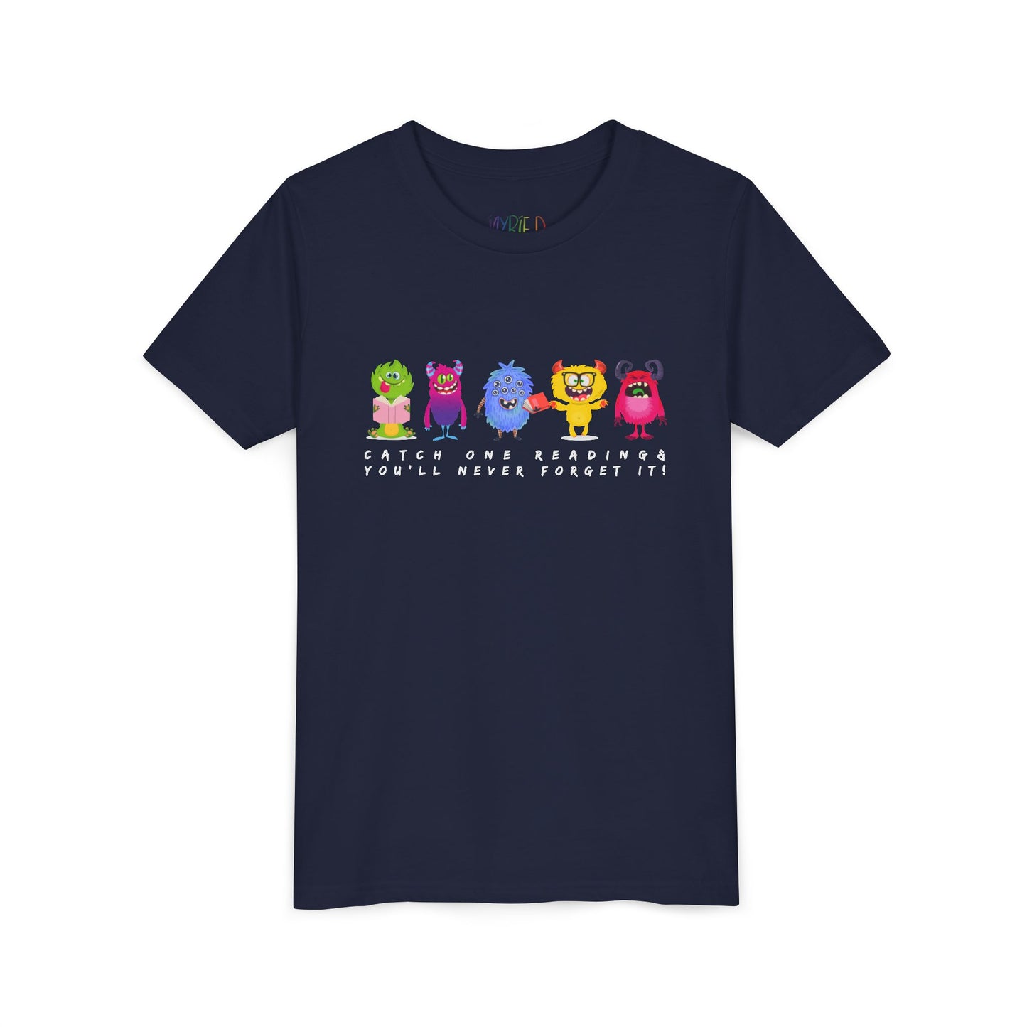 Navy blue t-shirt with a row of colorful cartoon monster characters and text 'Catch One Reading & You'll Never Forget It'