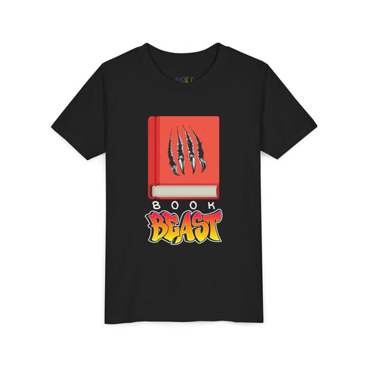 Black t-shirt with a graphic design of a red book with claw marks and BOOK BEAST' text 