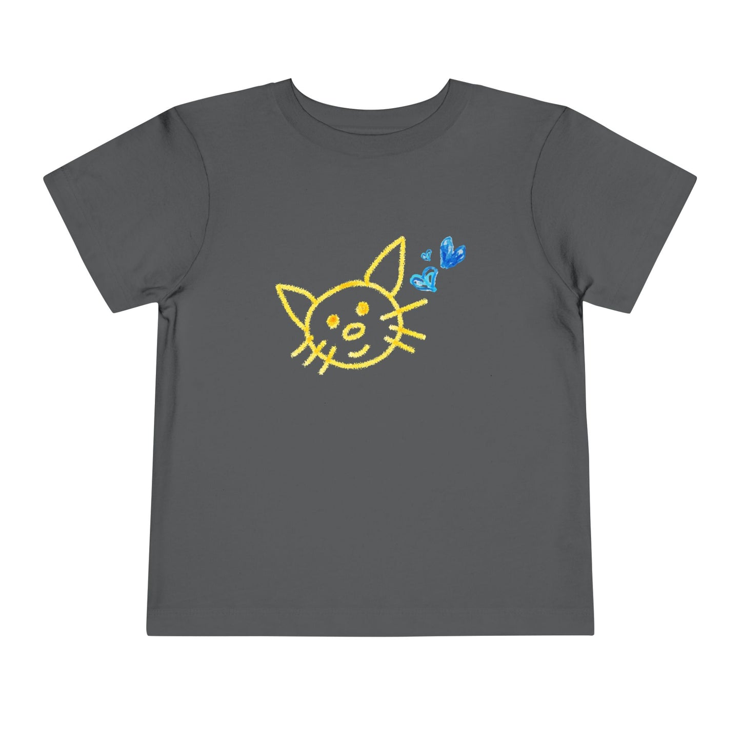 Gray toddler t-shirt with a yellow and blue crayon drawing of a cat and hearts with a white background