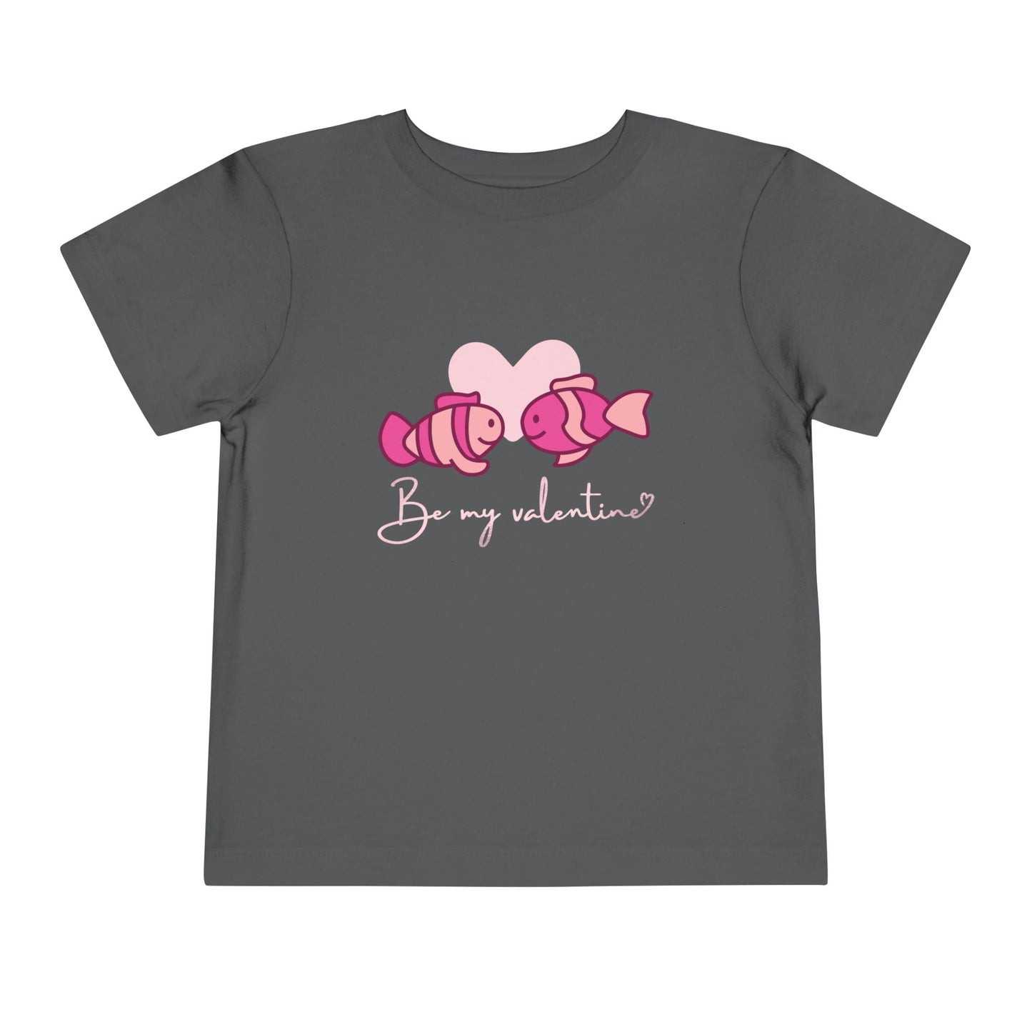 Gray toddler t-shirt with two pink fish, a heart and 'Be My Valentine' text 