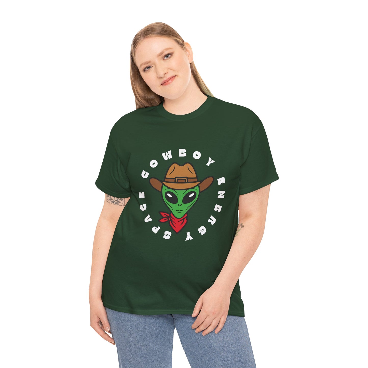 Woman wearing a green t-shirt with a large cowboy alien in the enter, circled by text 'Space Cowboy Energy' 