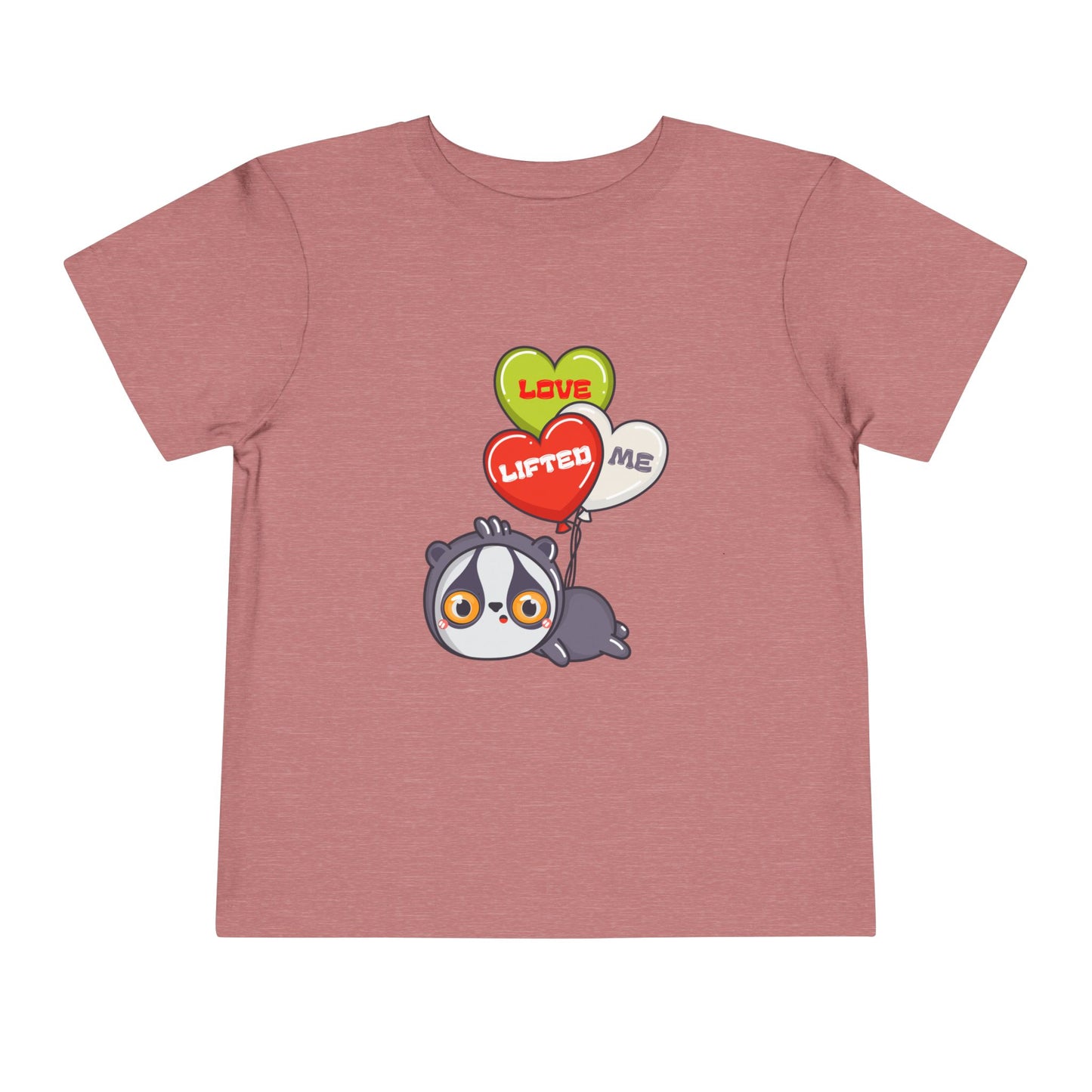 Mauve toddler t-shirt with a cartoon sloth being carried away by heart shaped balloons that read 'Love Lifted Me'