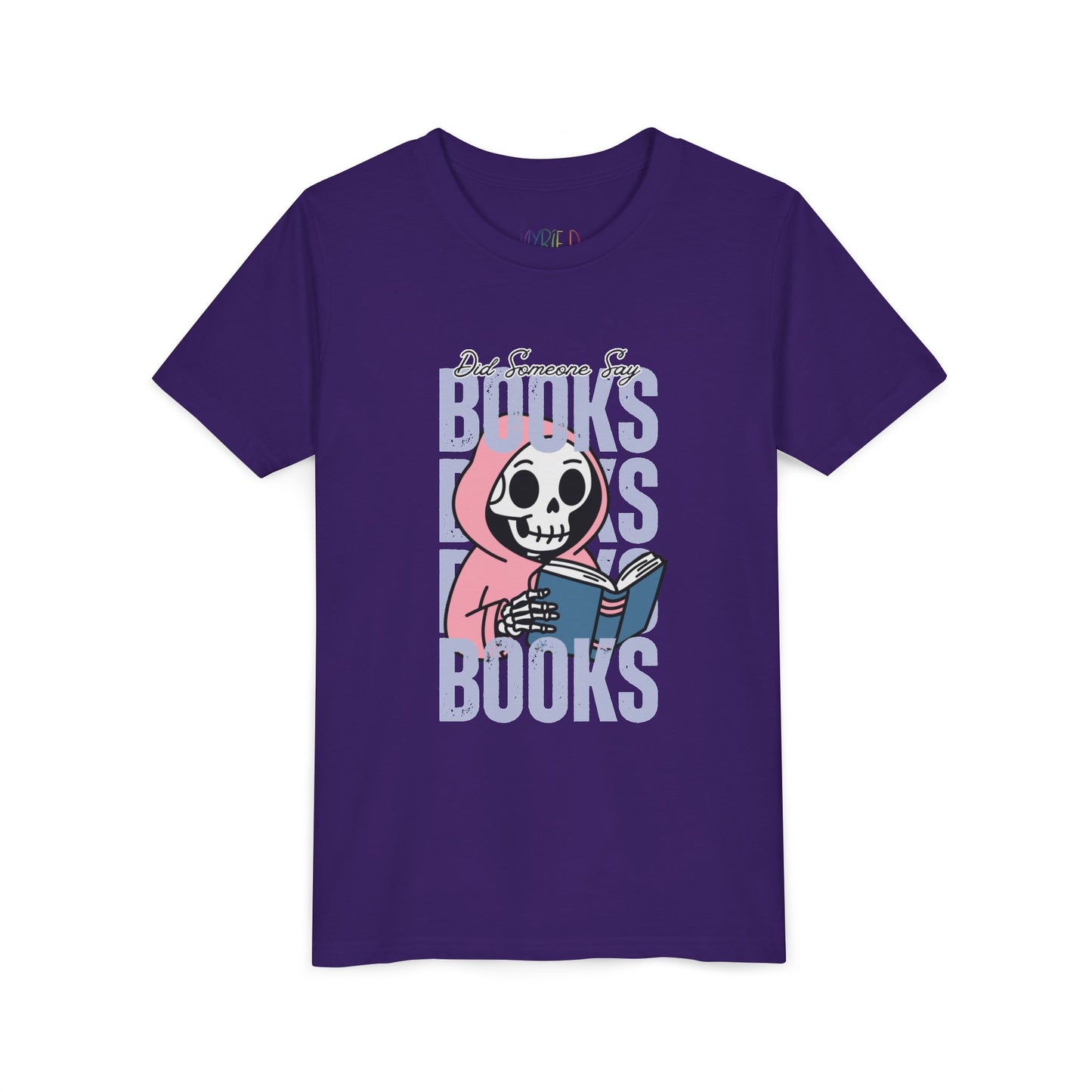 Purple t-shirt with a skeleton in a pink hoodie, reading a book in the middle of stacked 'BOOKS' text