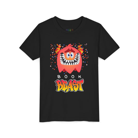 Black t-shirt with a sheepish, toothy, red monster surrounded by confetti and text 'BOOK BEAST' 