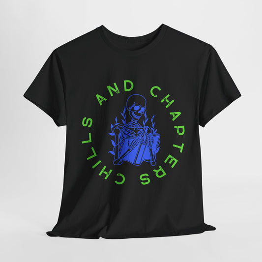 Teen/Adult Unisex Chills and Chapters T-Shirt – Skeleton Horror Reader Graphic Tee