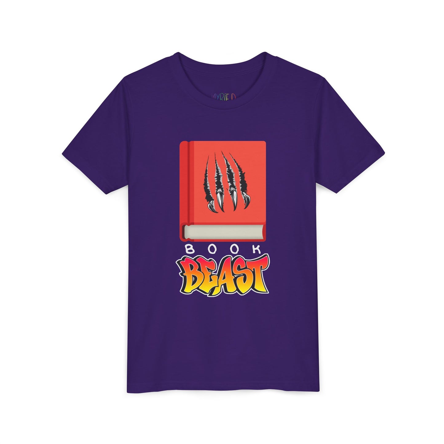 Purple t-shirt with a graphic design of a red book with claw marks and BOOK BEAST' text 